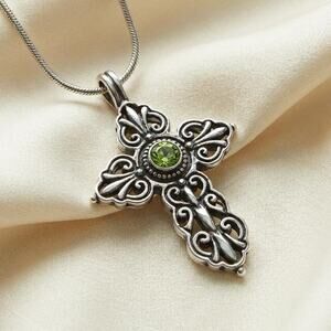 Vintage Hefty 925 Sterling Silver Ornate Green Peridot Cross Necklace 18"